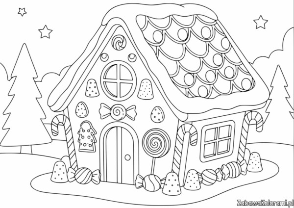 Piernikowy domek kolorowanka: dom z piernika ozdobiony słodyczami, otoczony śnieżnym krajobrazem i choinkami