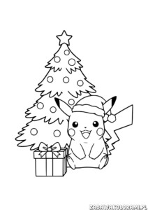 Pikachu choinka kolorowanka - Pikachu w czepek św. Mikołaja z prezentem