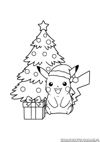 Pikachu choinka kolorowanka - Pikachu w czepek św. Mikołaja z prezentem