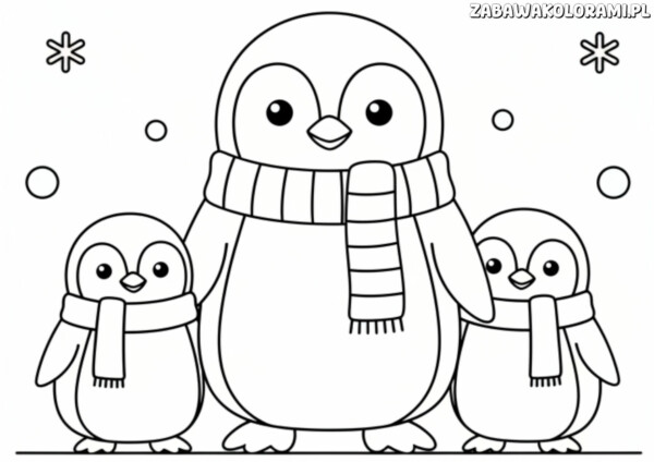 Pingwiny – kolorowanka zima: rodzina pingwinów w zimowych szalikach