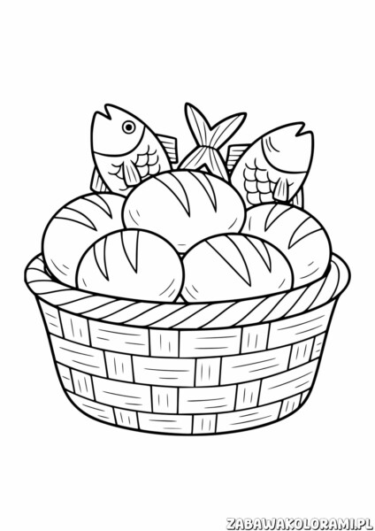 Pomnożenie chleba i ryb - kolorowanka religijna z koszykiem pełnym chleba, ryb i kukurydzy.