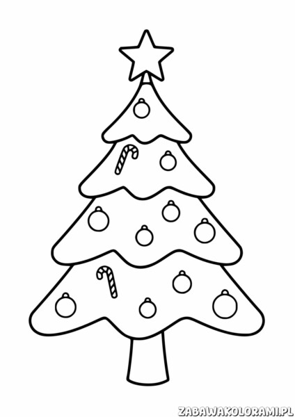 Prosta choinka Kolorowanka: choinka z ozdobami i gwiazdką na szczycie