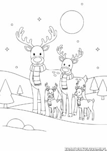 Renifery Kolorowanka: Czterech reniferów w szalikach na zimowym pejzażu z drzewami i pagórkami