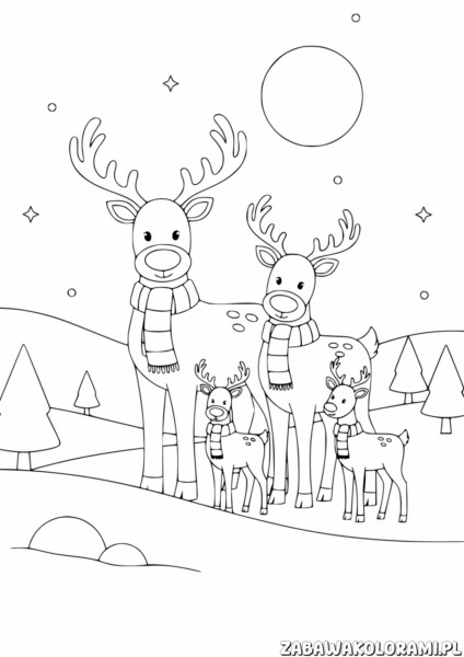 Renifery Kolorowanka: Czterech reniferów w szalikach na zimowym pejzażu z drzewami i pagórkami