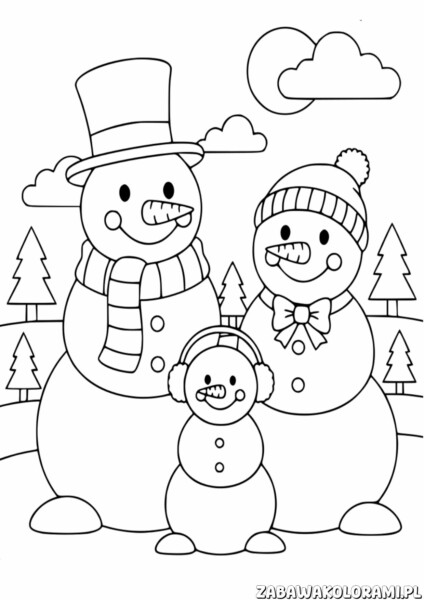 Rodzinka Bałwanów Kolorowanka przedstawia bałwanki w zimowych akcesoriach