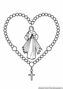 Różaniec Kolorowanka przedstawia Maryję z różańcem w kształcie serca