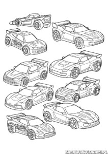 Samochody Hot Wheels kolorowanka przedstawia różne modele samochodów sportowych do pokolorowania.