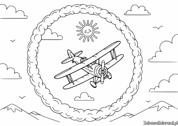 Samolot Kolorowanka - kolorowanka z samolotem, słońcem i chmurami
