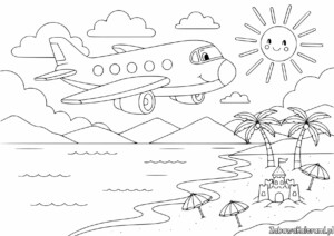 Samolot Kolorowanka: Samolot leci nad plażą z palmami i słońcem