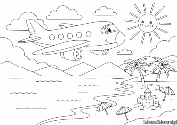 Samolot Kolorowanka: Samolot leci nad plażą z palmami i słońcem