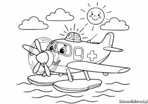 Samolot Kolorowanka: Samolot ratunkowy z uśmiechniętym słońcem nad wodą