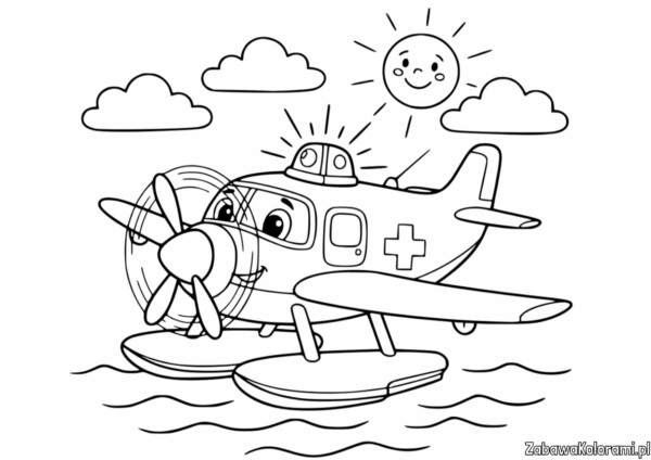 Samolot Kolorowanka: Samolot ratunkowy z uśmiechniętym słońcem nad wodą