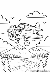 Samolot do druku - kolorowanka z samolotem, górami i rzeką