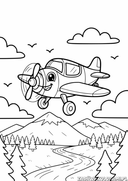 Samolot do druku - kolorowanka z samolotem, górami i rzeką