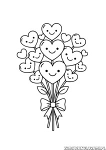 Serduszka na walentynki - kolorowanka z uśmiechniętymi serduszkami w bukiecie