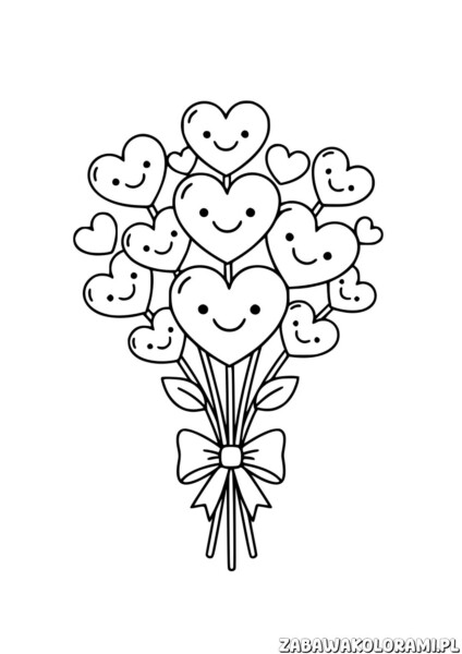 Serduszka na walentynki - kolorowanka z uśmiechniętymi serduszkami w bukiecie