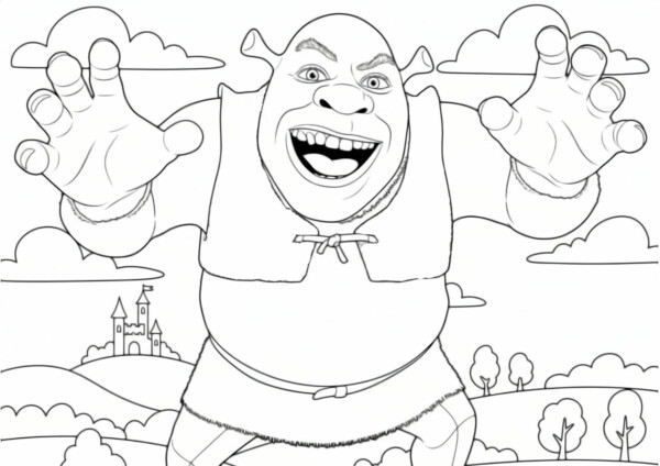 Shrek kolorowanka - radosny ogre z zamkiem na tle
