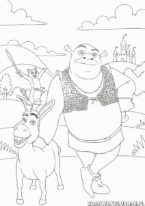 Shrek kolorowanki do druku - ogre, osioł i wróżka w przygodowej scenie