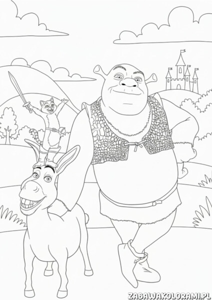 Shrek kolorowanki do druku - ogre, osioł i wróżka w przygodowej scenie