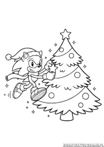 Sonic – choinka kolorowanka: Sonic ozdabia choinkę w świątecznym nastroju