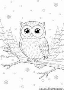 Sowa – Kolorowanka zima: uśmiechnięta sowa na gałęzi otoczona śnieżnymi płatkami