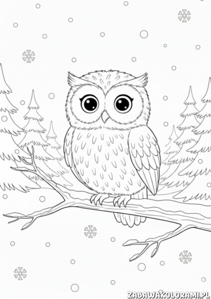 Sowa – Kolorowanka zima: uśmiechnięta sowa na gałęzi otoczona śnieżnymi płatkami