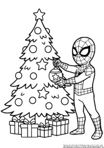 Spiderman choinka kolorowanka - koloruj superbohatera dekorującego choinkę