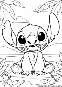Stitch Kolorowanka - Stitch na plaży z palmami i kwiatami hibiskusa