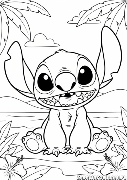 Stitch Kolorowanka - Stitch na plaży z palmami i kwiatami hibiskusa