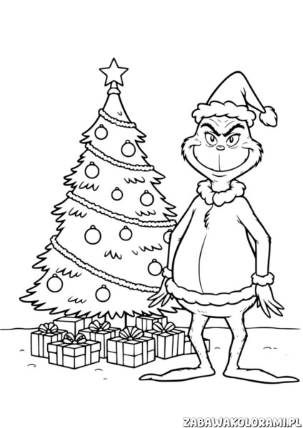 Świąteczka Kolorowanka Grinch - Grinch obok choinki z prezentami