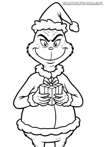 Świąteczka Kolorowanka Grinch z prezentem - kolorowanka dla dzieci z Grinchem i prezentem