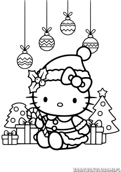 Świąteczka Kolorowanka Hello Kitty z choinka - kolorowanka świąteczna z Hello Kitty i choinką