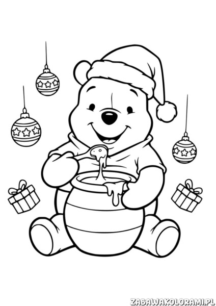 Świąteczka Kolorowanka Kubuś Puchatek z miodem i ozdobami świątecznymi