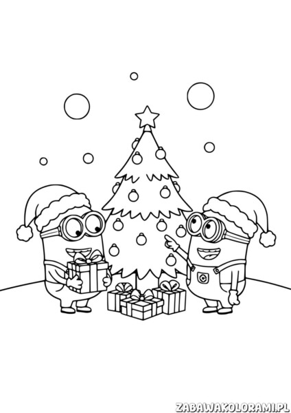 Świąteczka Kolorowanka Minionki: Minionki w świątecznych kapeluszach Santa i prezentami przed choinką