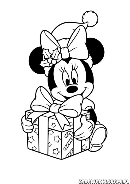 Świąteczka Kolorowanka Myszka Mini: Myszka Mini w świątecznym nakryciu głowy z prezentem