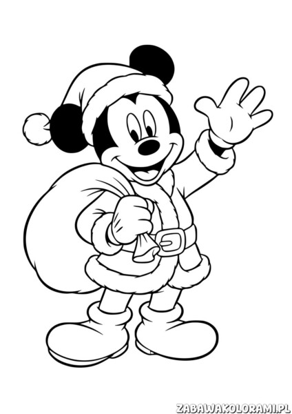 Świąteczka Kolorowanka Myszka Miki - Myszka Miki w czepek św. Mikołaja z workiem prezentów