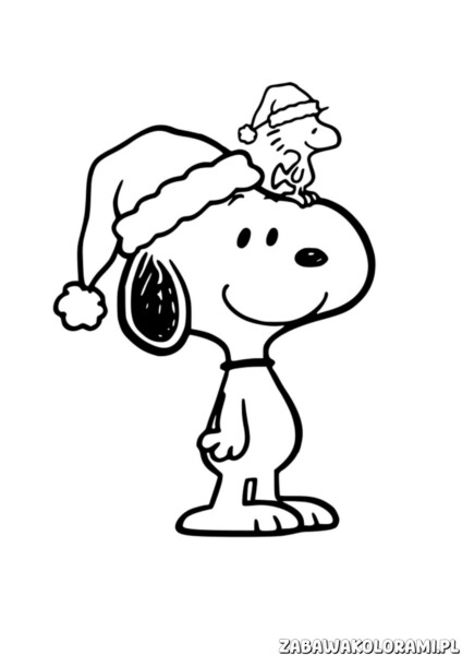 Świąteczka Kolorowanka Snoopie: Snoopie w czapce św. Mikołaja z ptaszkiem na głowie
