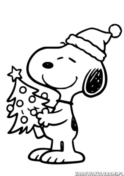 Świąteczka Kolorowanka Snoopie z choinką - kolorowanka świąteczna z Snoopym