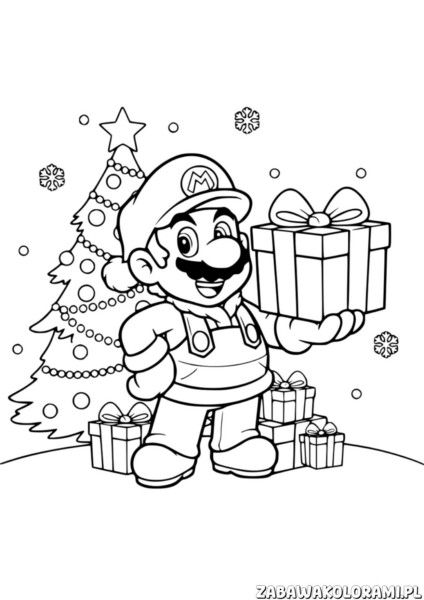 Świąteczka Kolorowanka Super Mario - Mario z prezentami i choinką