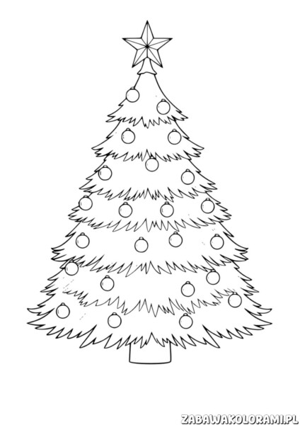 Świąteczna choinka kolorowanka - pomaluj choinkę z ozdobami i gwiazdką na szczycie.