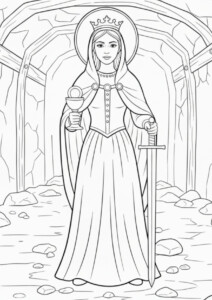 Święta Barbara – Kolorowanka Barbórka z koroną i kielichem w jaskini