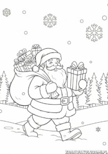 Święty Mikołaj – kolorowanka zima: Mikołaj z workiem prezentów w zimowym krajobrazie
