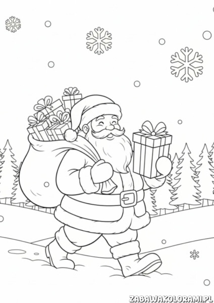 Święty Mikołaj – kolorowanka zima: Mikołaj z workiem prezentów w zimowym krajobrazie