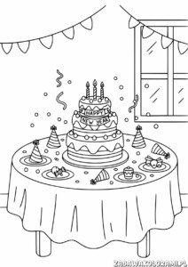 Sylwester Kolorowanka z tortem i kapeluszkami noworocznymi