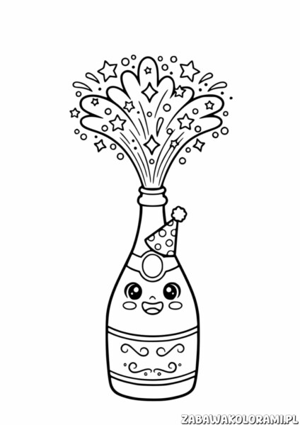 Sylwester Kolorowanka do druku - butelka z szampana w kapeluszu z fajerwerkami