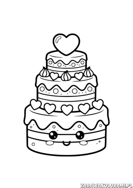 Tort na Walentynki do druku - kolorowanka z serduszkami i uśmiechniętą buźką