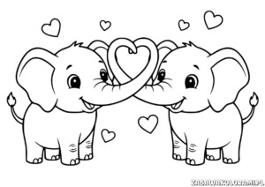 Walentynka Kolorowanka z Słoniami tworząca serce - kolorowanka dla dzieci