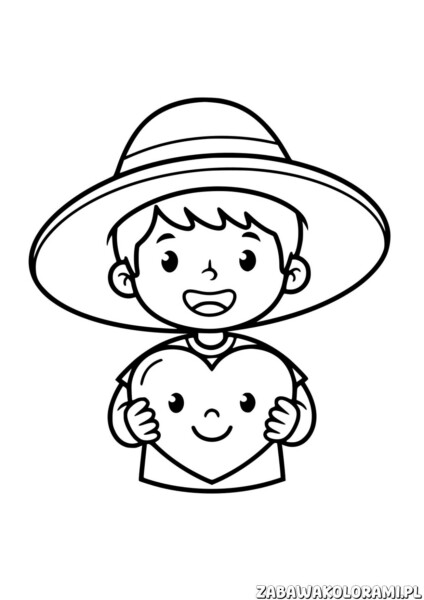Walentynka Kolorowanki do druku - chłopiec z szerokim kapeluszem trzymający serce