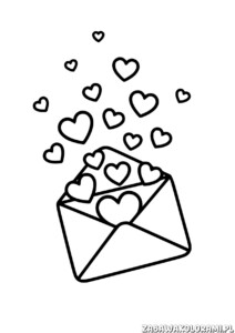 Walentynka do kolorowania przedstawia otwartą kopertę z serduszkami wyskakującymi na zewnątrz