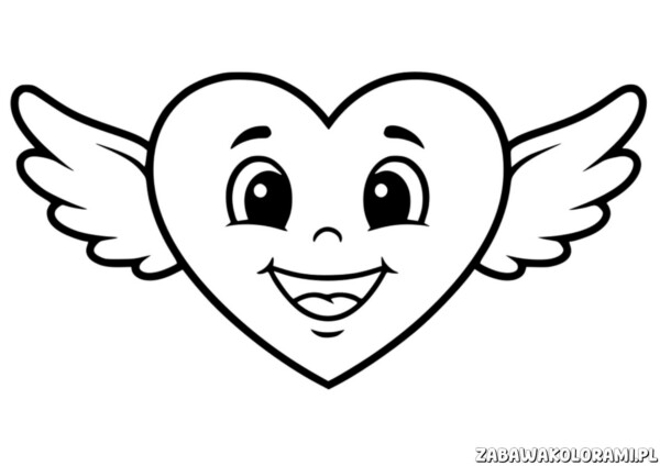 Walentynki - kolorowanka z sercem z skrzydłami anioła